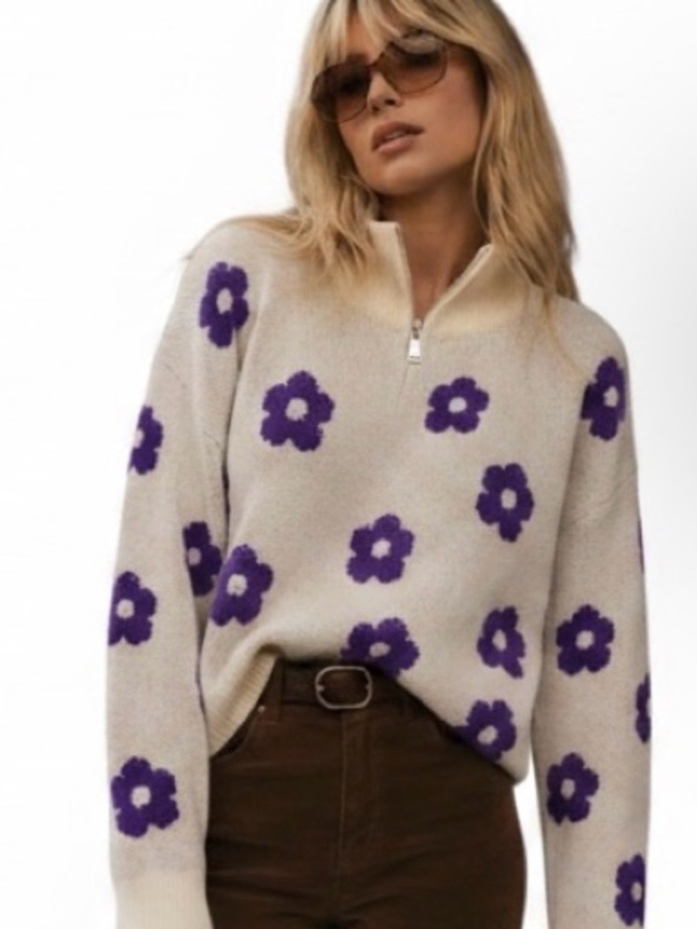 BiBi Cream and Purple Floral Design Zip Neck Sweater Size Large